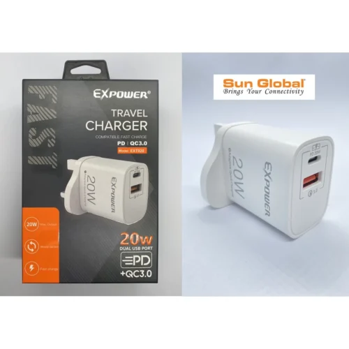 2520ee2d3f44ddb87903439dc94a58a4.webp EXPOWER TRAVEL CHARGER PD & QC 3.0 ADAPTIVE - 20W (ACC100)